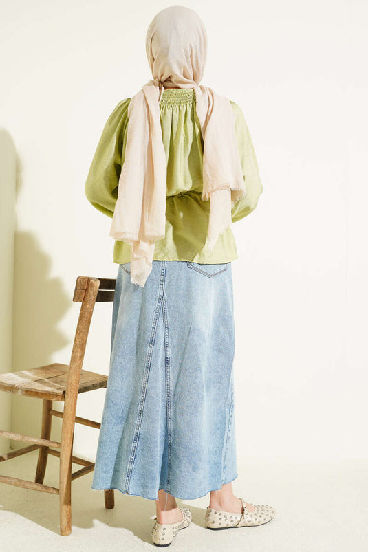 Gipe Collar Drawstring Waist Blouse in Pistachio Green