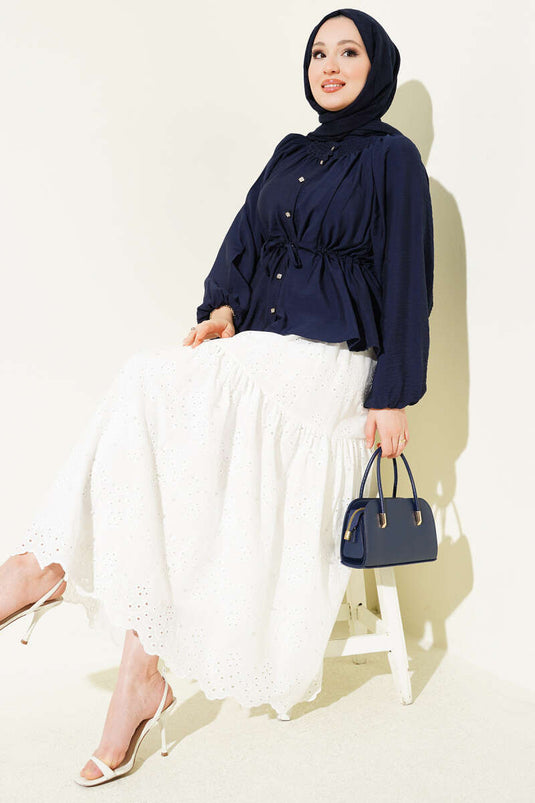 Gipe Collar Drawstring Waist Blouse Navy Blue