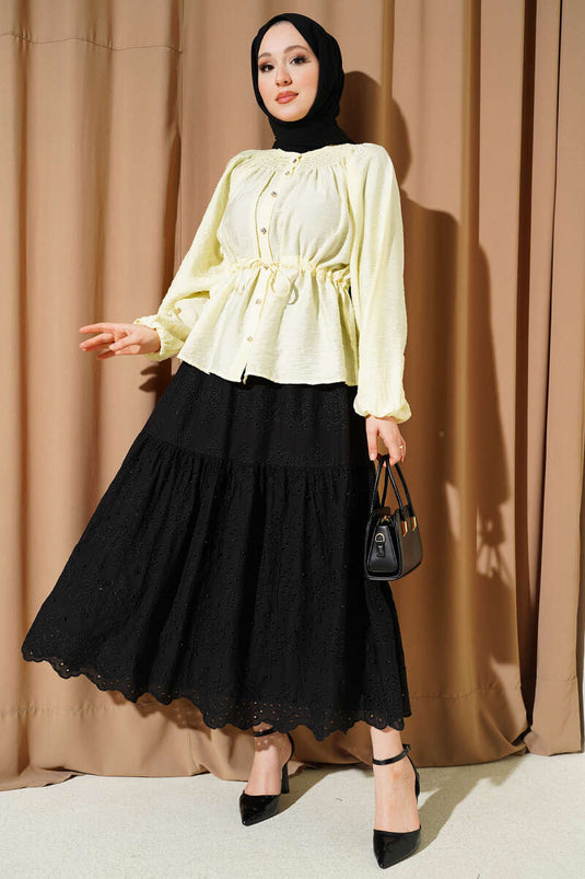 Drawstring Waist Blouse with Collar Yellow