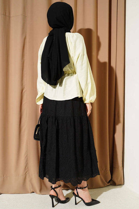 Drawstring Waist Blouse with Collar Yellow