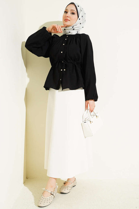 Gipe Collar Drawstring Waist Blouse Black