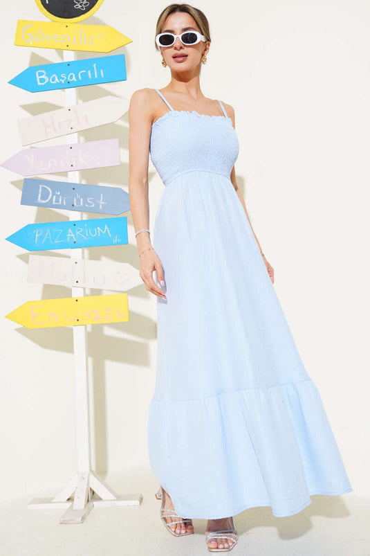 Gipel-Kleid aus Musselin mit Seilriemen, blau