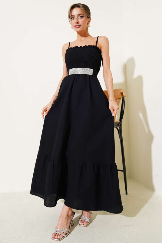 Schwarzes Musselinkleid mit Seilriemen von Gipel