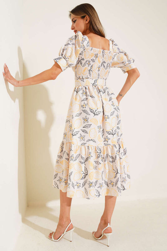 Gipeli Mini Midi Jurk met Bloemenprint en Riem, Beige Zwart