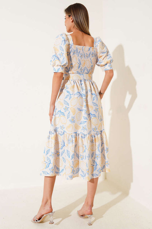 Gipeli Mini Midi Jurk met Bloemenprint en Riem, Geel Blauw