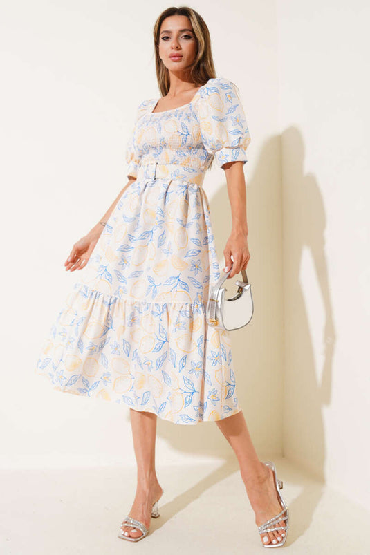 Gipeli Mini Midi Jurk met Bloemenprint en Riem, Geel Blauw