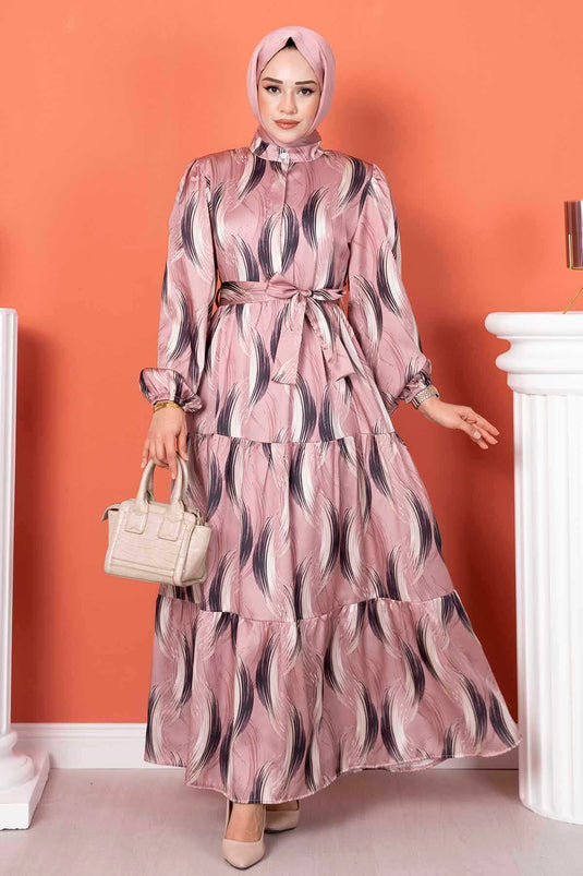 Robe hijab longue en satin avec boutons cachés - Poudre