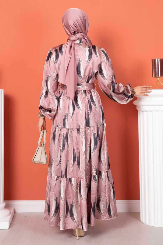 Robe hijab longue en satin avec boutons cachés - Poudre