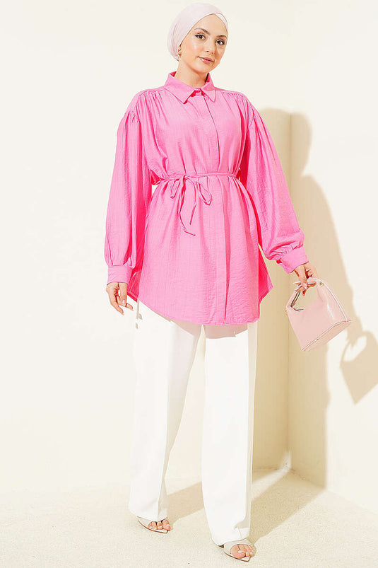 Hidden Button Balloon Sleeve Shirt with Tie Belt Fuchsia