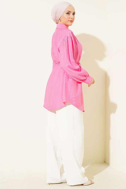 Hidden Button Balloon Sleeve Shirt with Tie Belt Fuchsia