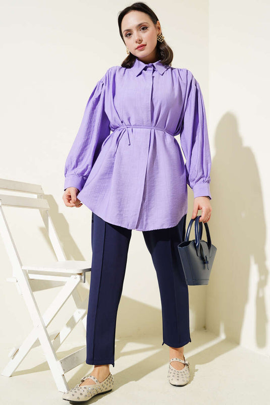 Secret Button Balloon Sleeve Tie Waist Shirt Lilac