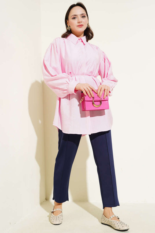 Secret Button Balloon Sleeve Tie Waist Shirt Pink