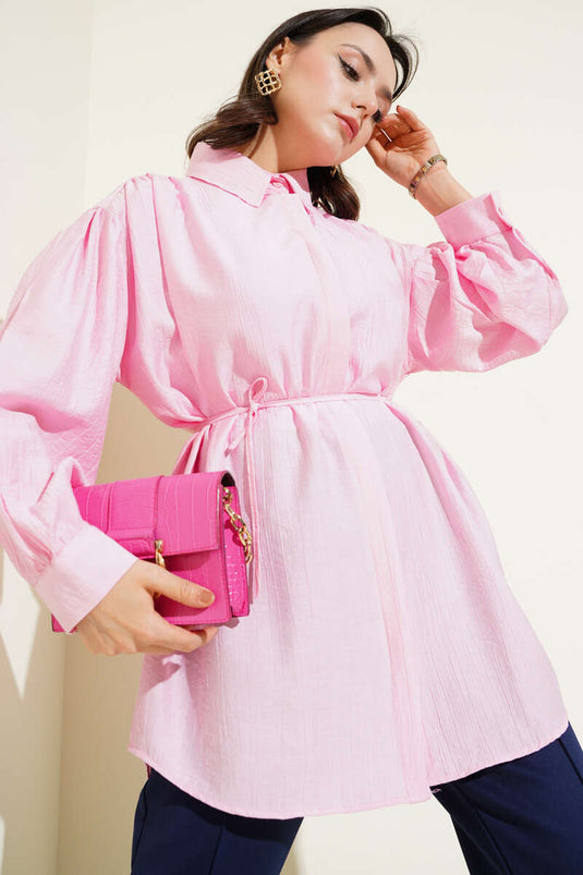 Secret Button Balloon Sleeve Tie Waist Shirt Pink