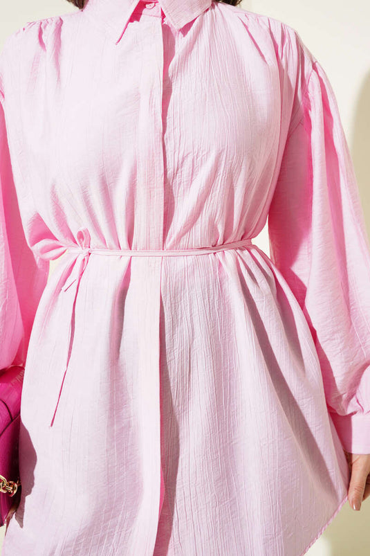 Secret Button Balloon Sleeve Tie Waist Shirt Pink