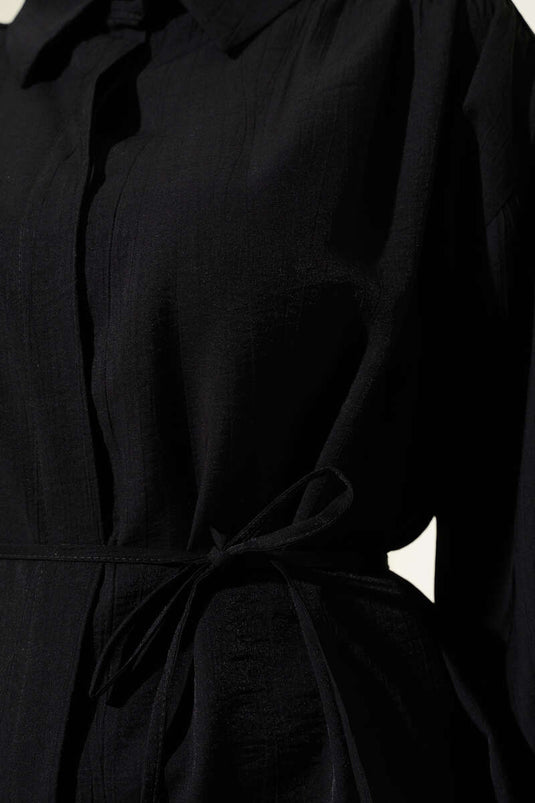 Black Shirt with Hidden Buttons, Balloon Sleeves, and Drawstring Belt