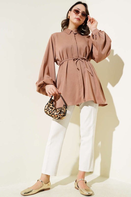 Gizli knoop ballonmouw satijnen blouse latte