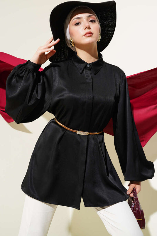 Hidden Button Balloon Sleeve Satin Shirt Black