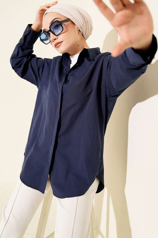Gizli Düğmeli Basic Gömlek Lacivert