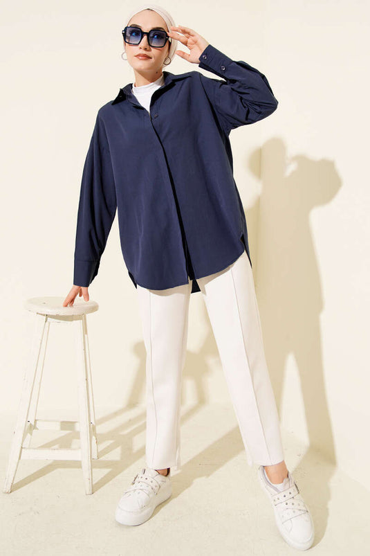 Gizli Düğmeli Basic Gömlek Lacivert