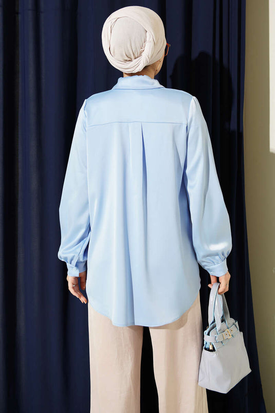 Gizli Düğmeli Basic Saten Gömlek Bebe Mavi