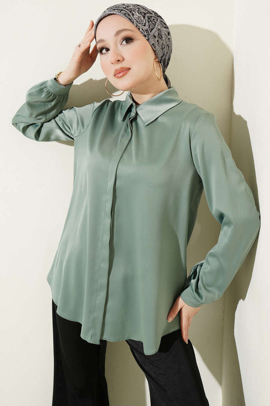 Chemise basique en satin à boutons cachés vert avocat