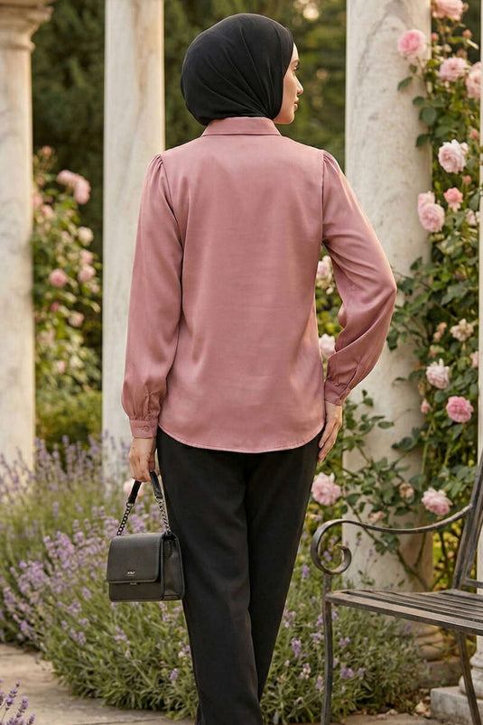 Hidden Button Basic Satin Shirt Dusty Rose