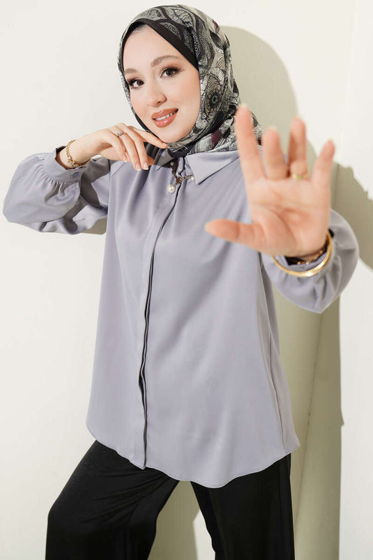 Chemise basique en satin à boutons cachés gris ardoise