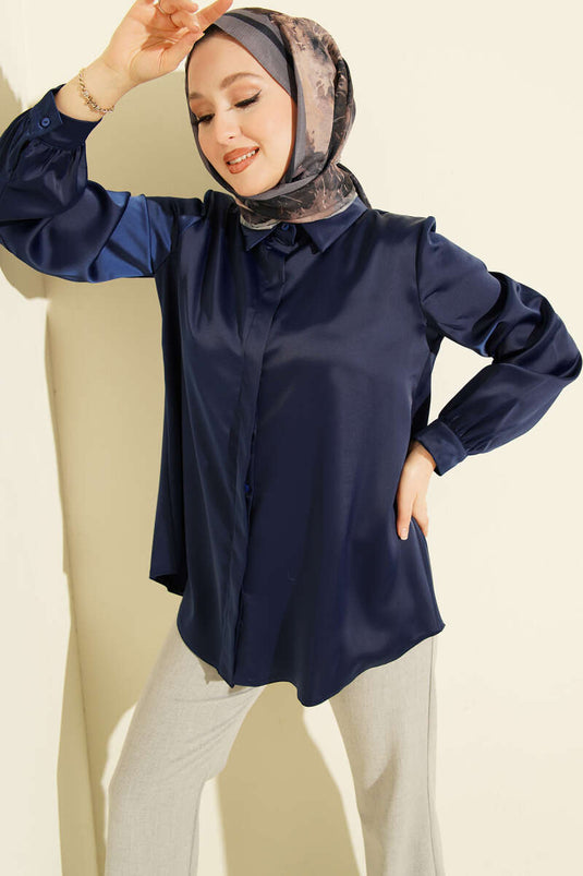 Hidden Button Basic Satin Shirt Navy Blue