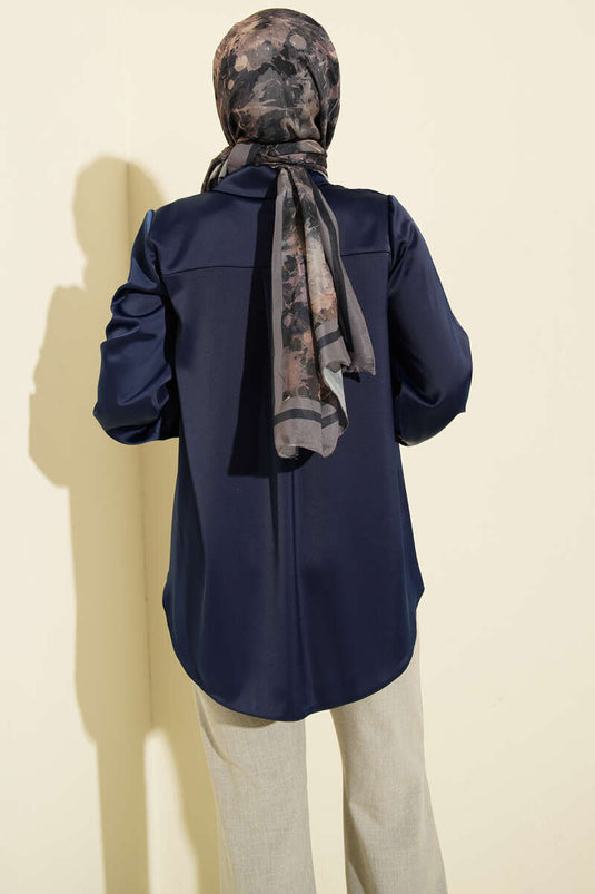 Hidden Button Basic Satin Shirt Navy Blue