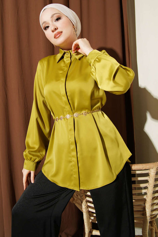 Gizli Düğmeli Basic Satinbluse Ölgrün