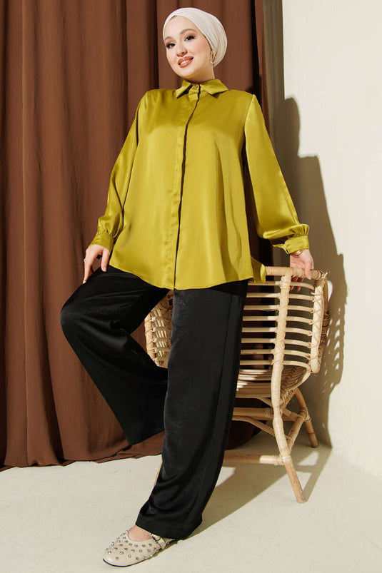 Gizli Düğmeli Basic Satinbluse Ölgrün