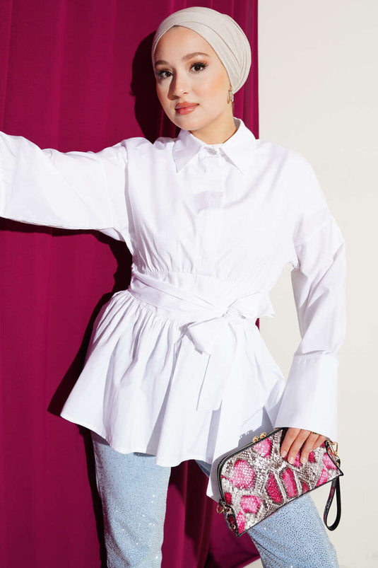 Hidden Button Waist Belted Shirt White