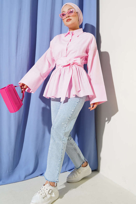 Hidden Button Waist Belted Shirt Pink