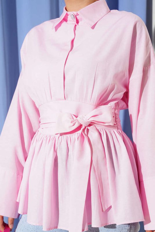 Hidden Button Waist Belted Shirt Pink