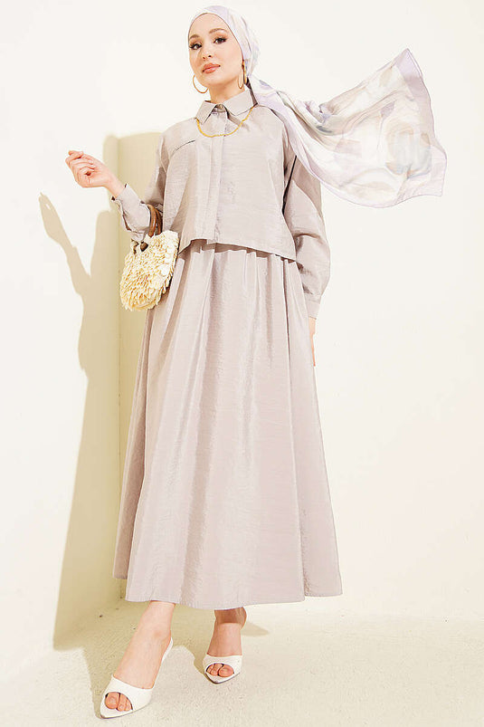 Two-Piece Set with Hidden Button Blouse and Skirt Beige