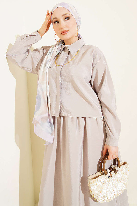 Two-Piece Set with Hidden Button Blouse and Skirt Beige