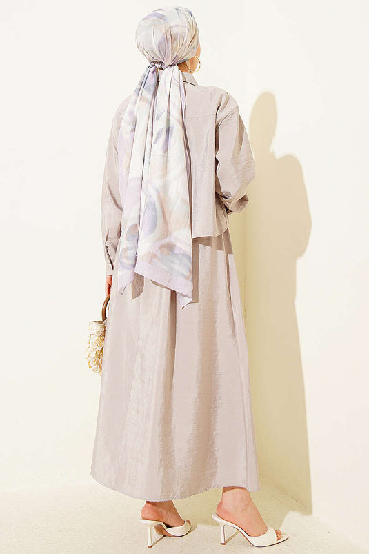 Two-Piece Set with Hidden Button Blouse and Skirt Beige