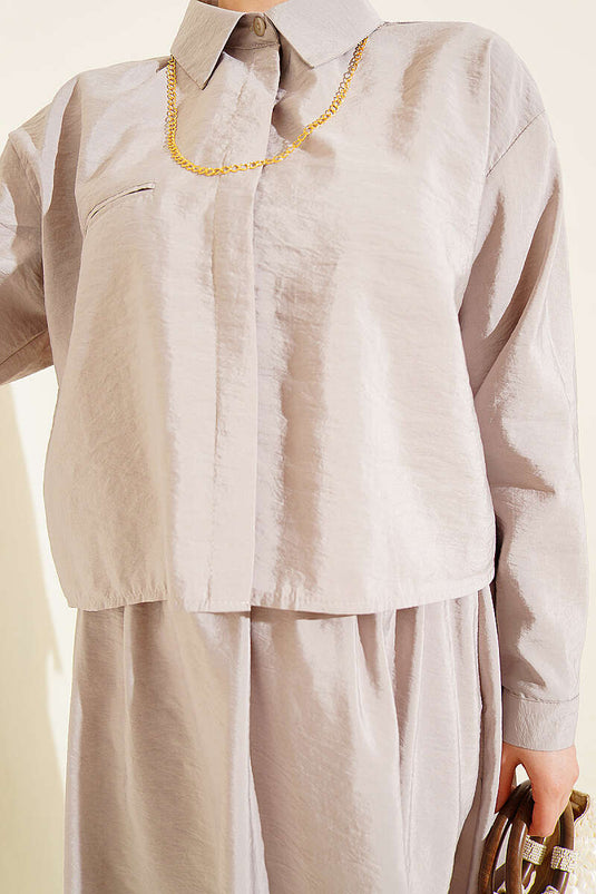 Two-Piece Set with Hidden Button Blouse and Skirt Beige