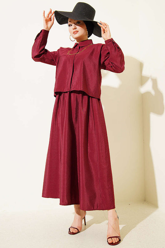 Two-Piece Set with Hidden Button Blouse and Skirt, Burgundy