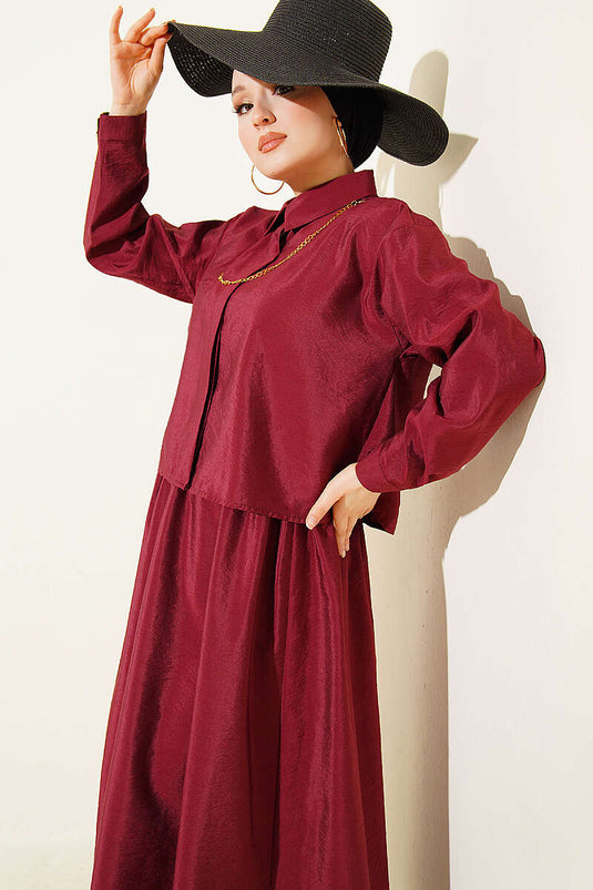 Two-Piece Set with Hidden Button Blouse and Skirt, Burgundy