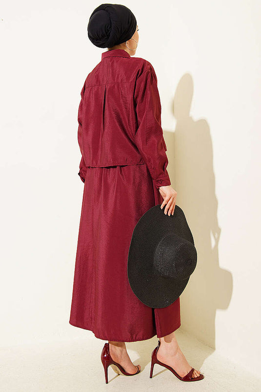 Two-Piece Set with Hidden Button Blouse and Skirt, Burgundy