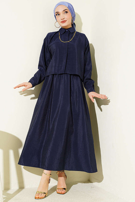 Navy Blue Two-Piece Set with Hidden Button Blouse and Skirt