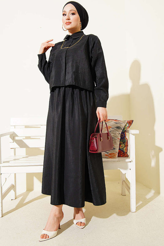 Ensemble deux pièces jupe et blouse à boutons cachés noir