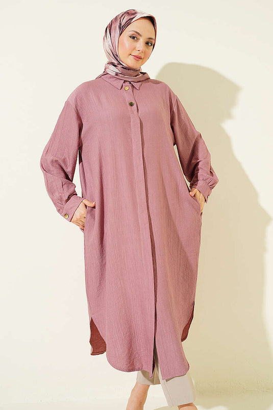Chemise longue avec poches et boutons cachés couleur vieux rose