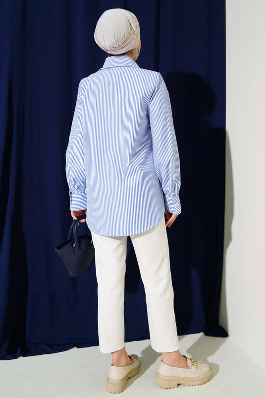 Hidden Button Upright Striped Shirt Blue