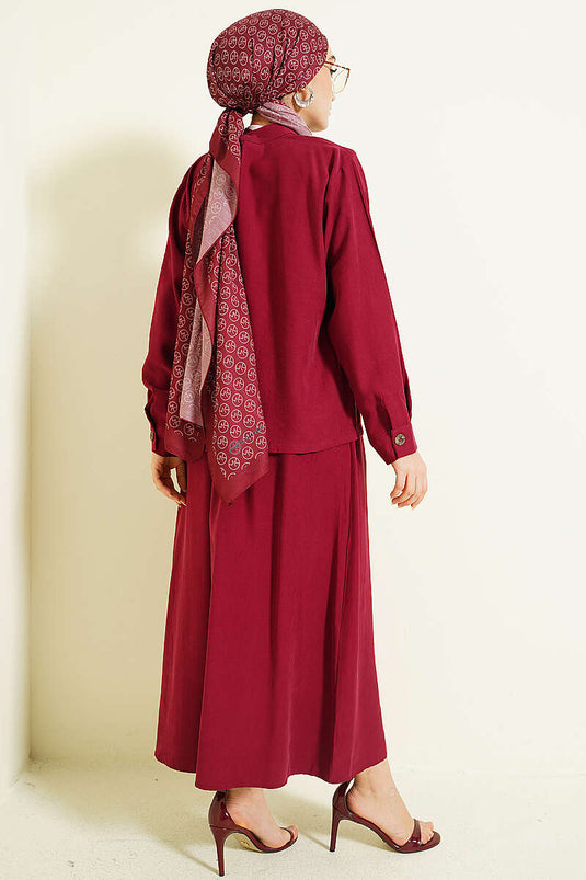 Burgundy Tensel Two-Piece Set with Hidden Button Skirt