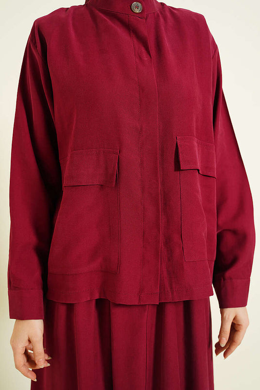 Burgundy Tensel Two-Piece Set with Hidden Button Skirt