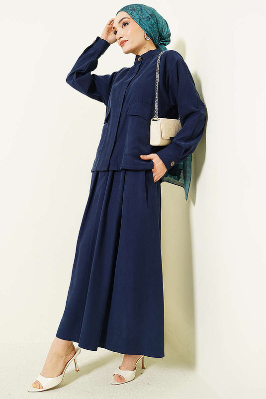 Ensemble double en tensel avec jupe boutonnée cachée bleu marine