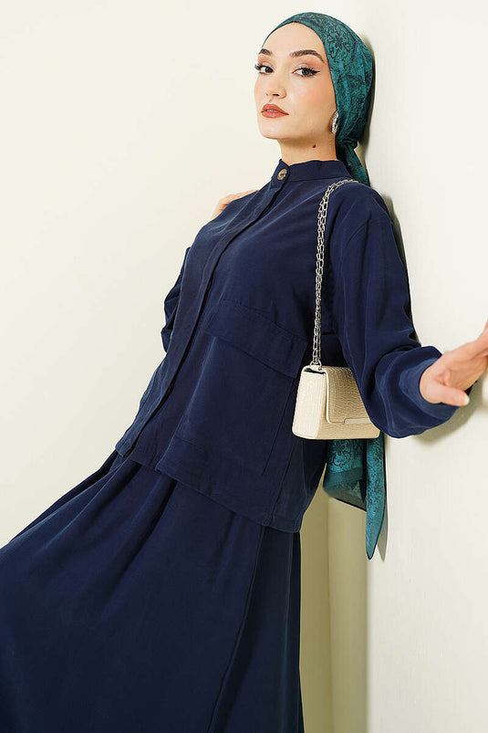Ensemble double en tensel avec jupe boutonnée cachée bleu marine