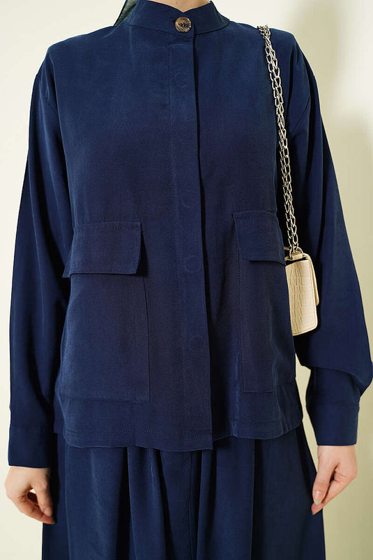 Ensemble double en tensel avec jupe boutonnée cachée bleu marine